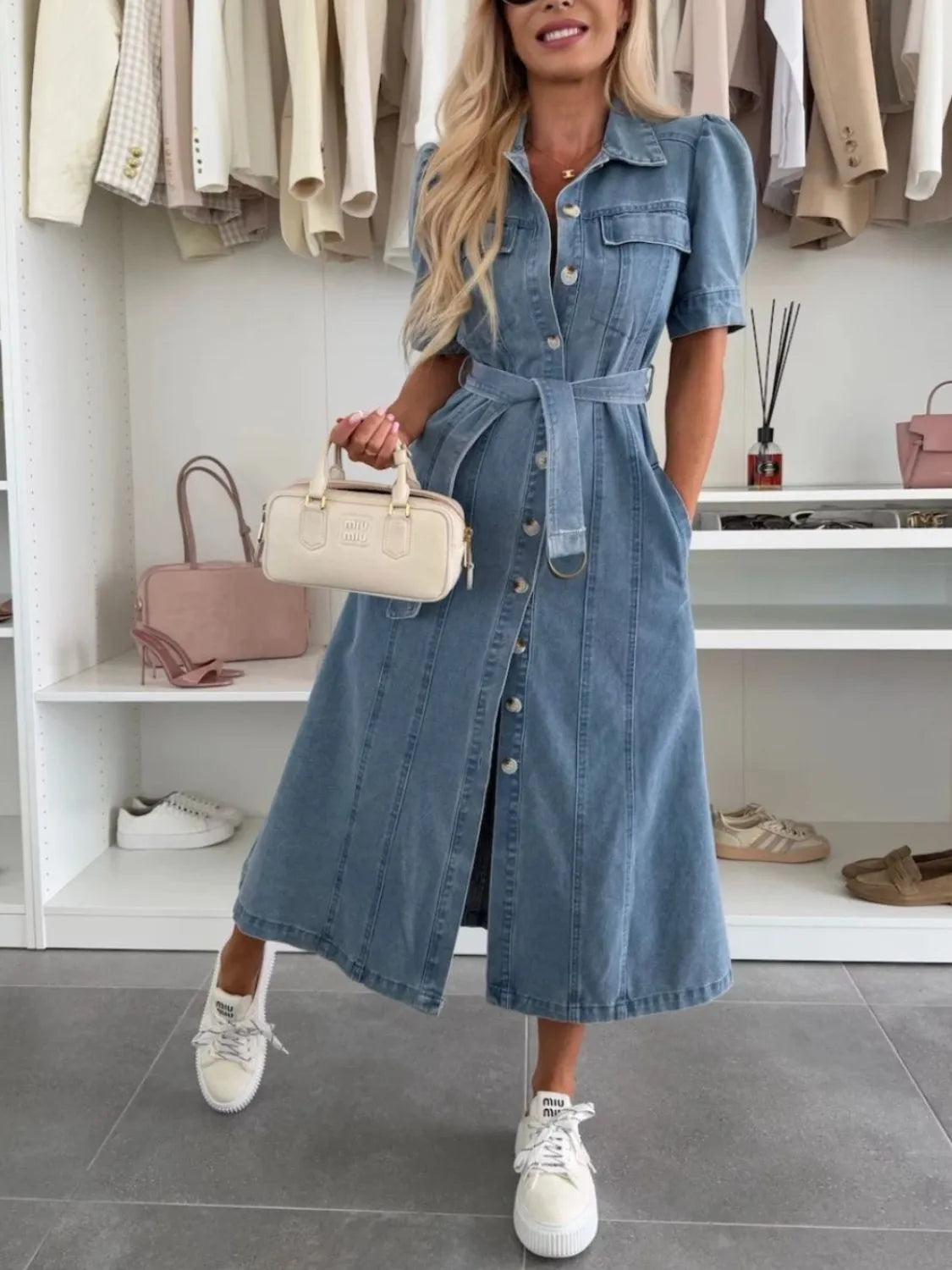 Anna - Button Front Denim Maxi Dress