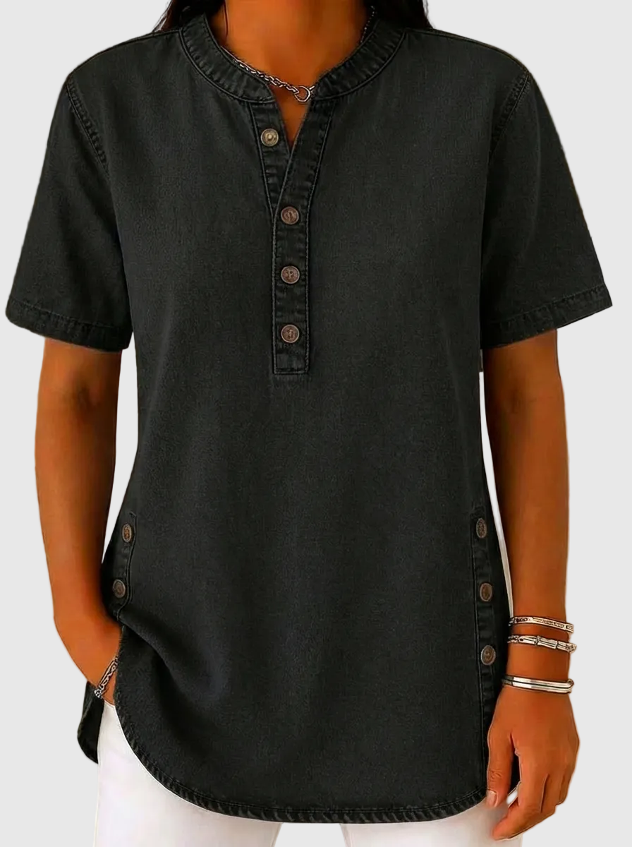 Solenne - Relaxed V-Neck Denim Blouse