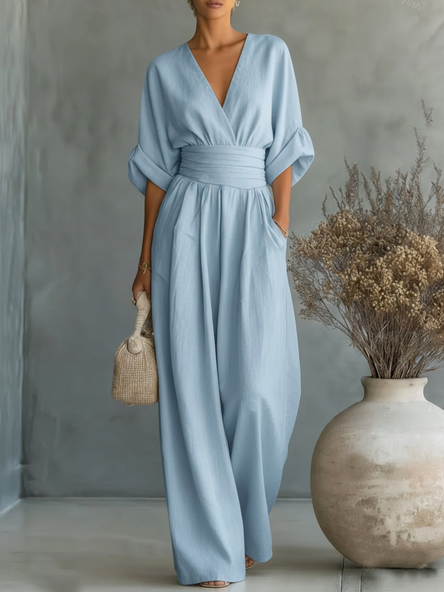 Solenne - V-Neck Linen Jumpsuit