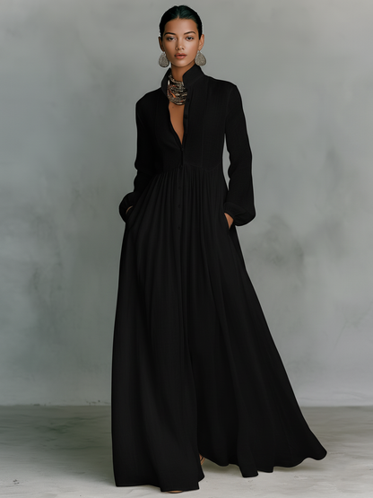 Solenne - Stand-Collar Patchwork Maxi Dress