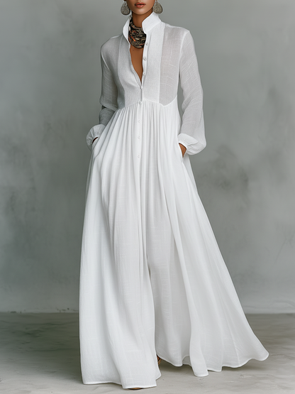 Solenne - Stand-Collar Patchwork Maxi Dress