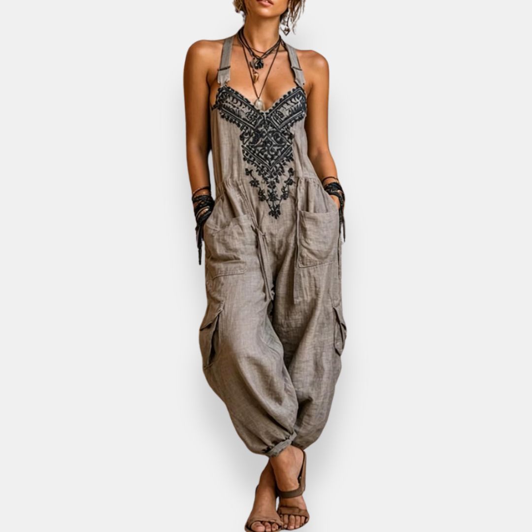 Lunara - Embroidered Patch-Pocket Jumpsuit