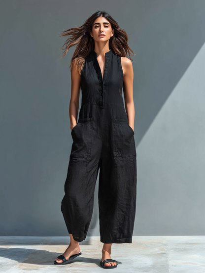 Cassandra - Sleeveless Linen-Blend Dungarees