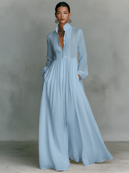 Solenne - Stand-Collar Patchwork Maxi Dress