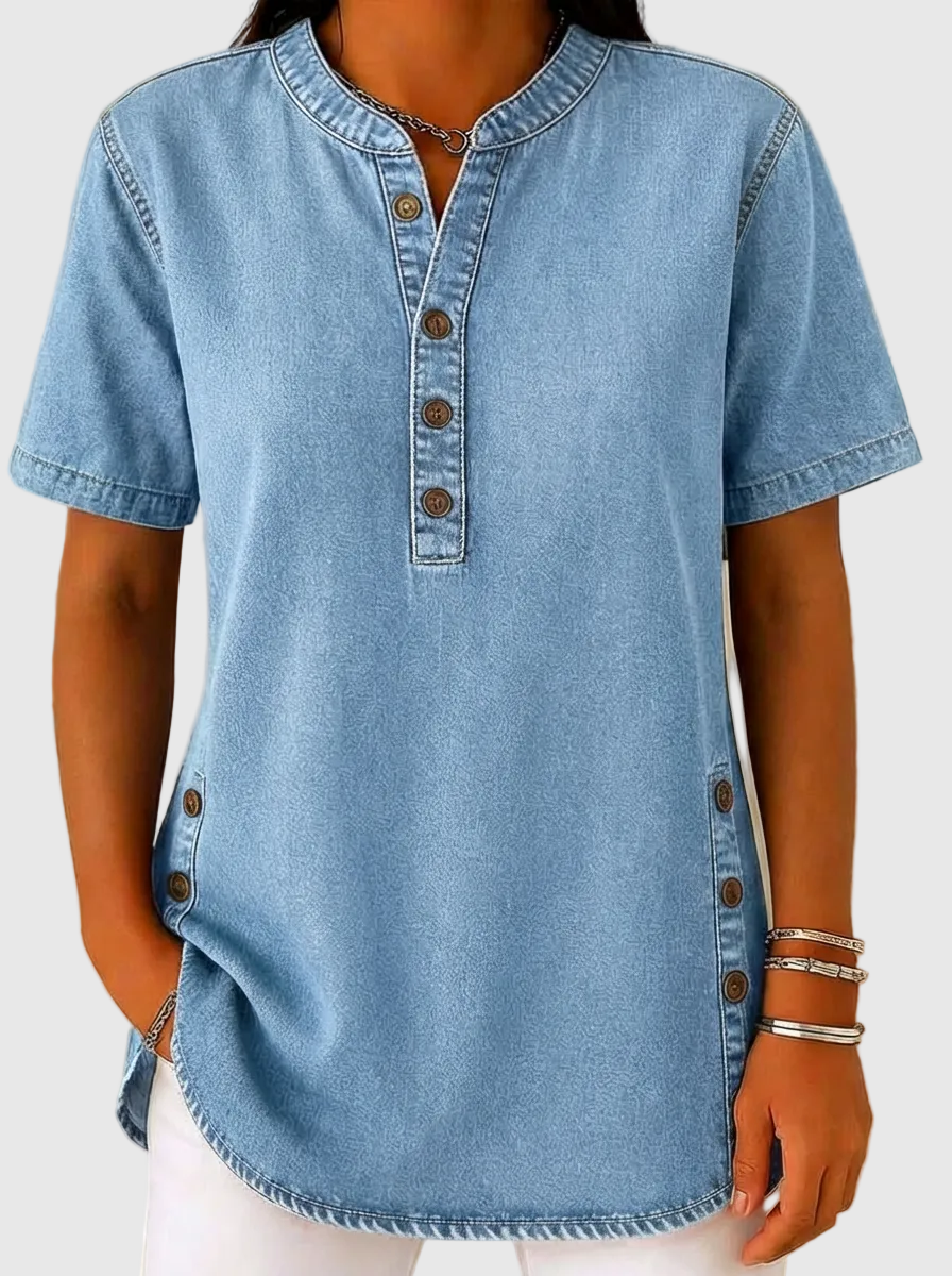 Solenne - Relaxed V-Neck Denim Blouse