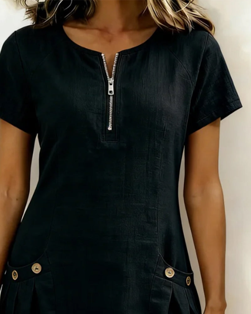 Adela - Cotton-Linen Zip-Pocket Dress