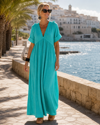 Velora - Textured Short-Sleeve Midi Dress