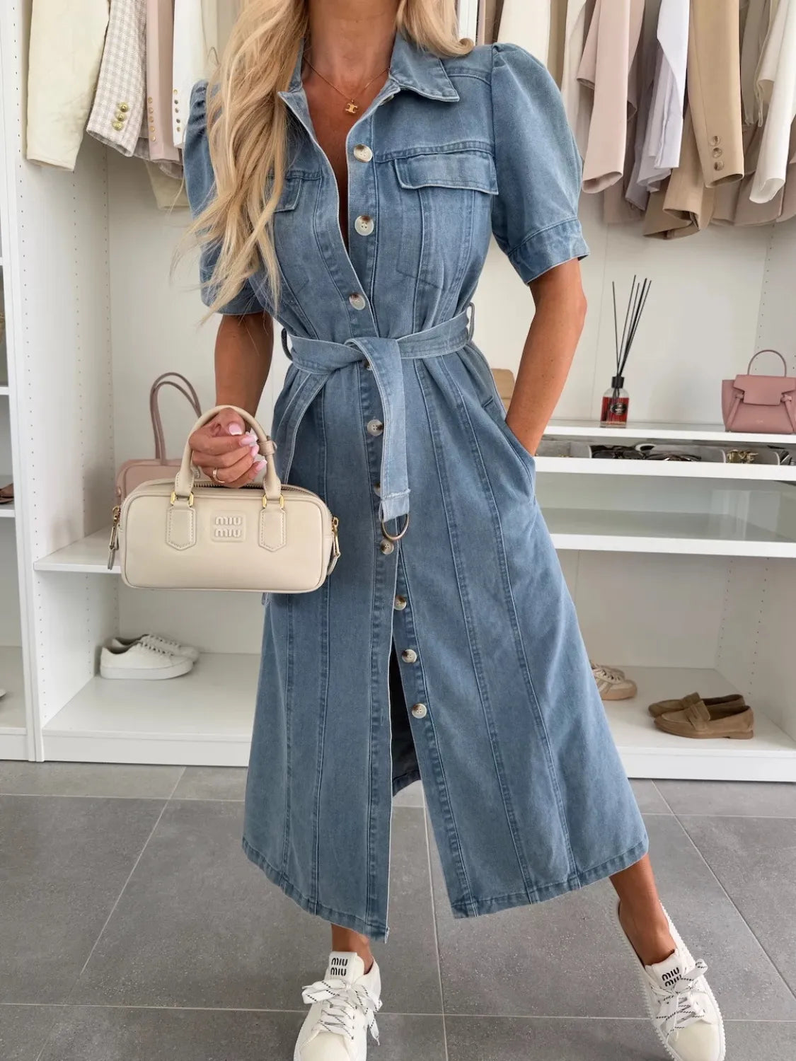 Anna - Button Front Denim Maxi Dress