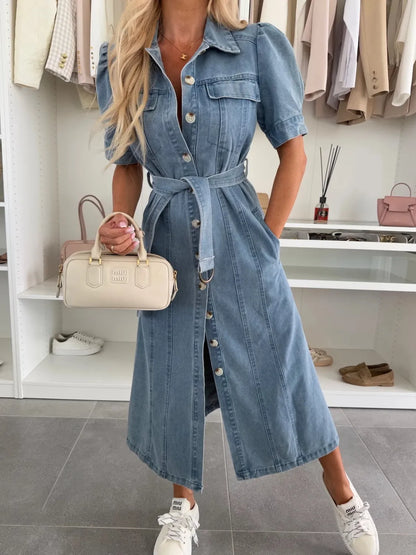 Anna - Button Front Denim Maxi Dress