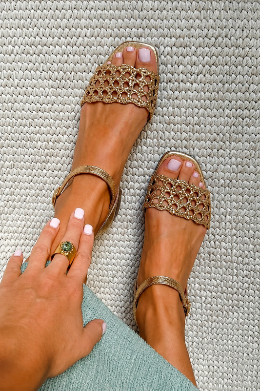 Orielle - Perforated Gold Ankle-Strap Sandals