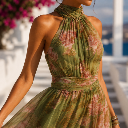 Theia - Green Floral Halter Maxi Dress