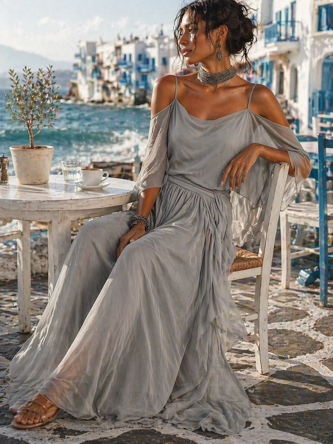 Tavessa - Open-Shoulder Chiffon Set