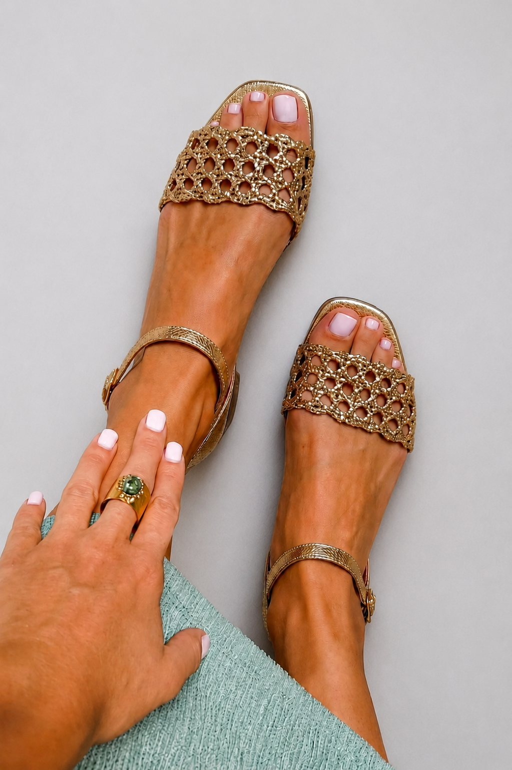 Orielle - Perforated Gold Ankle-Strap Sandals