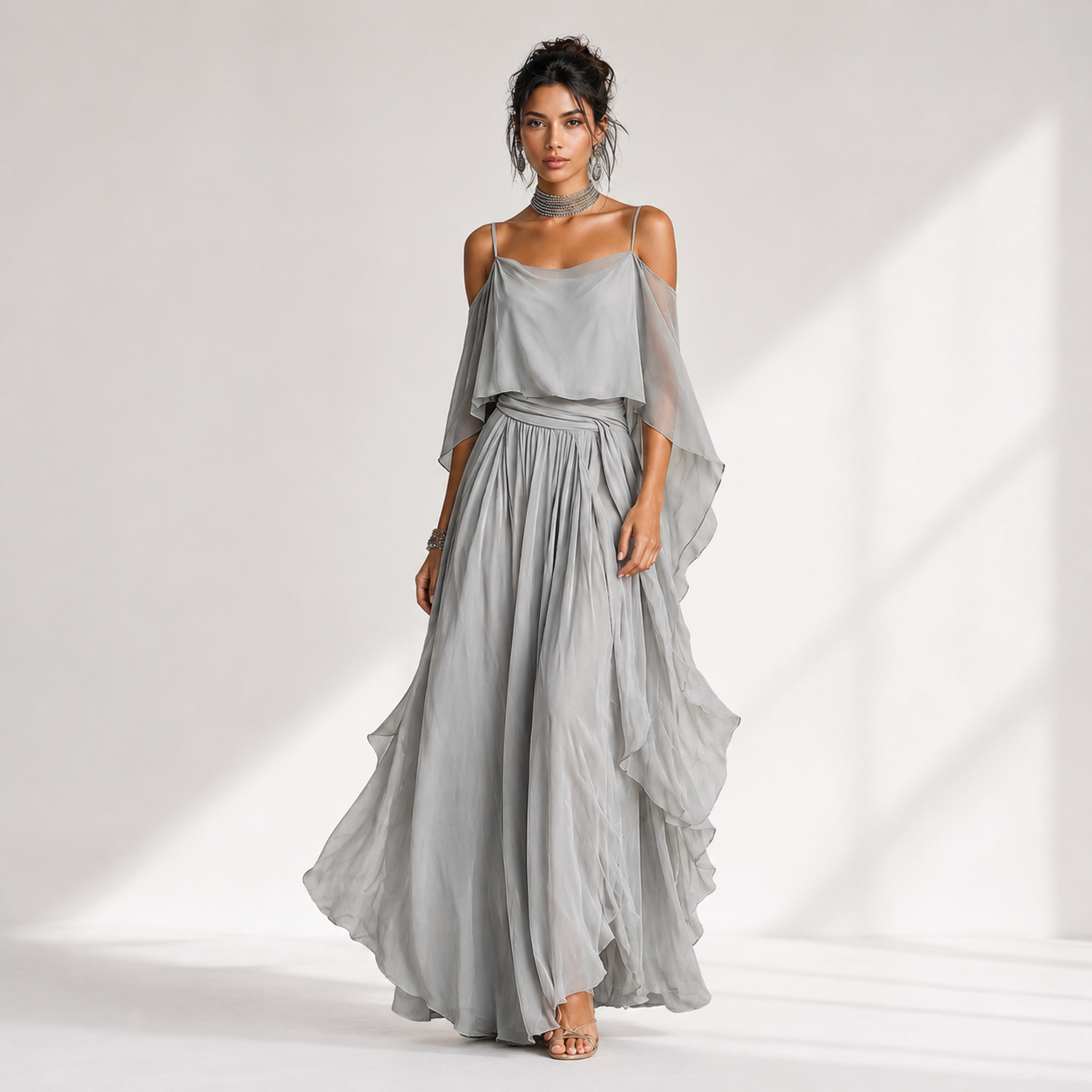 Tavessa - Open-Shoulder Chiffon Set