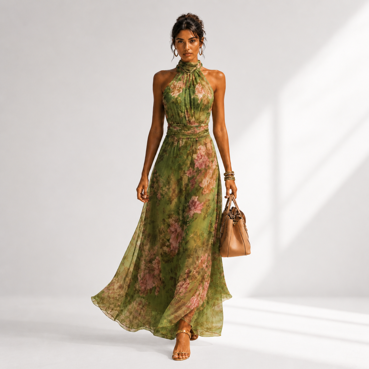 Theia - Green Floral Halter Maxi Dress