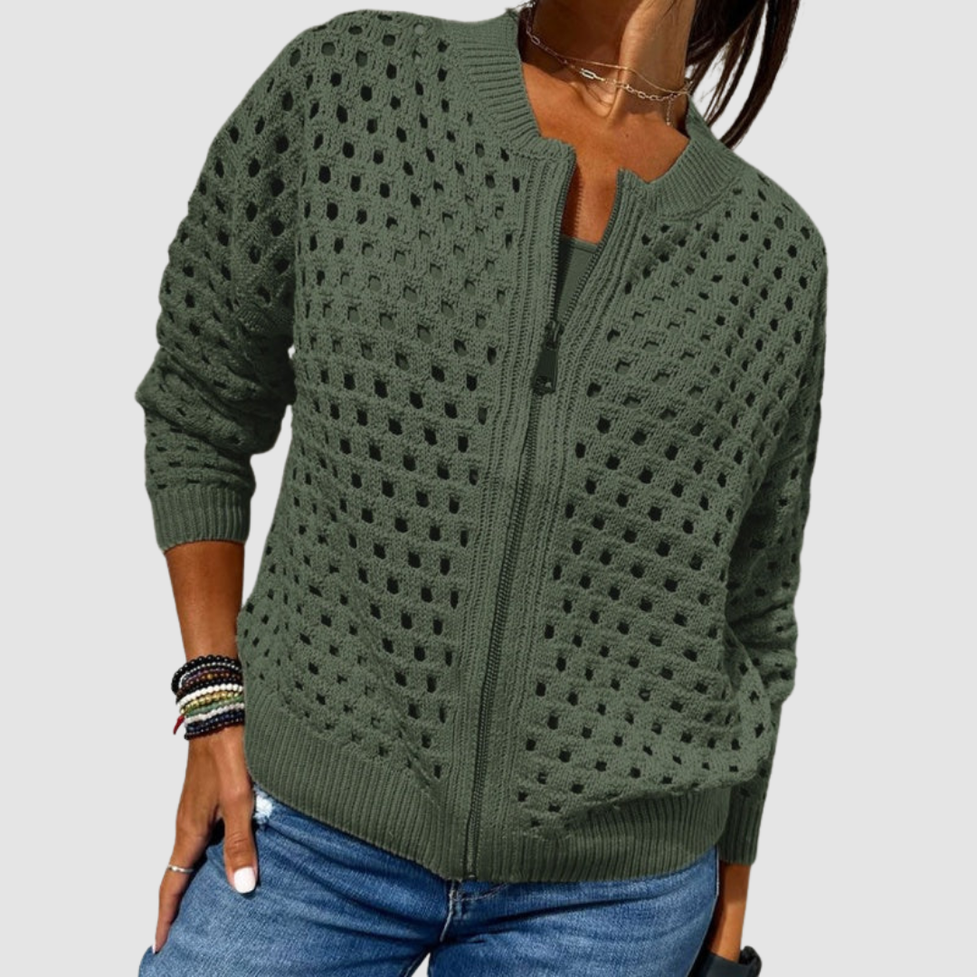 Desiree - Open-Knit Zip-Front Cardigan