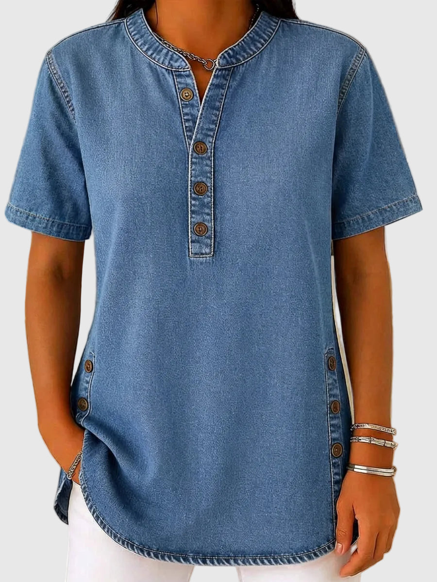 Solenne - Relaxed V-Neck Denim Blouse