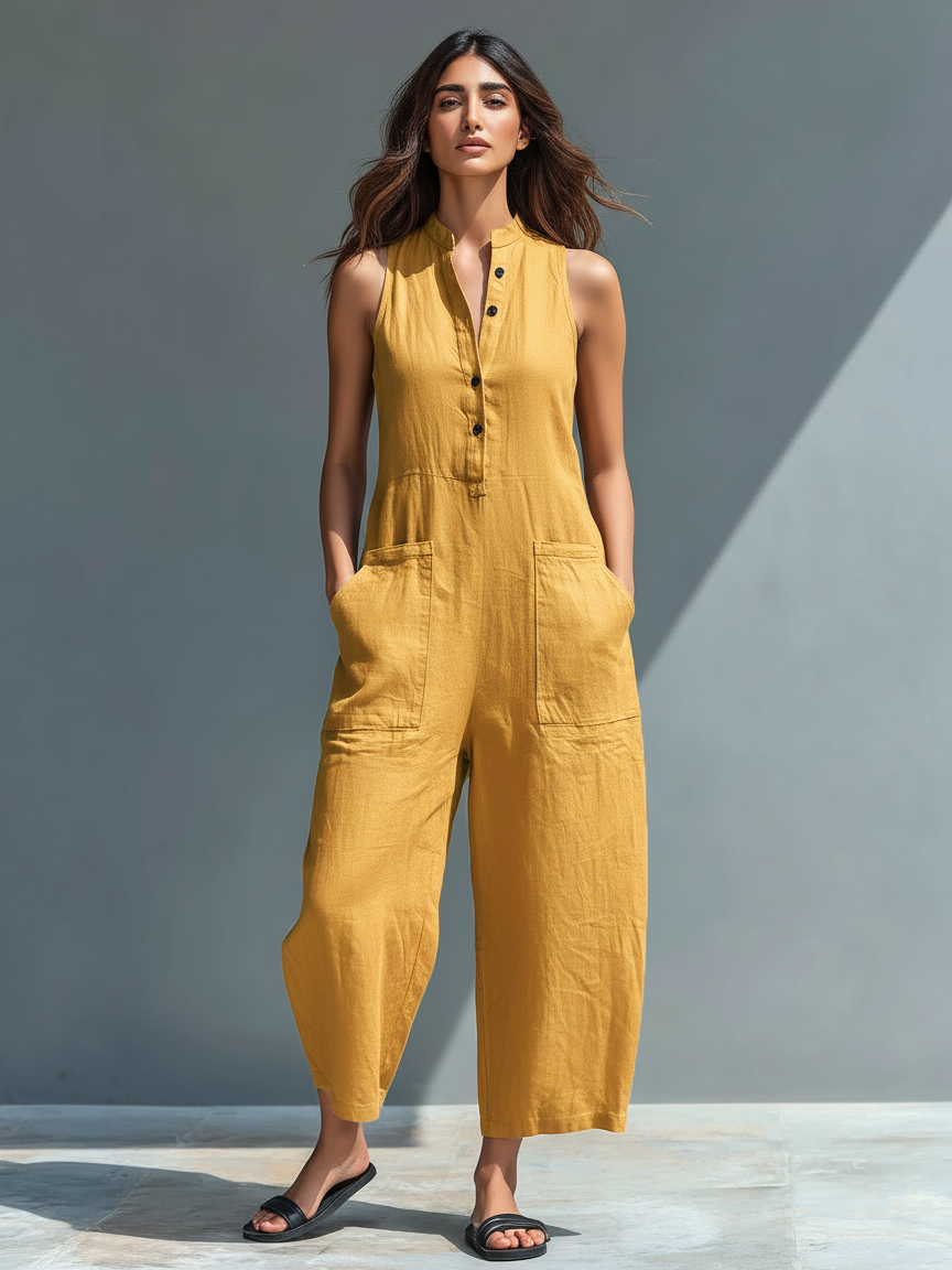 Cassandra - Sleeveless Linen-Blend Dungarees