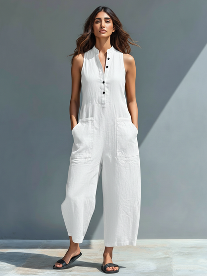 Cassandra - Sleeveless Linen-Blend Dungarees