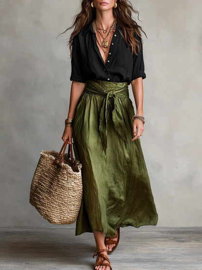 Helen - Button-Detail Tee and Belted Skirt