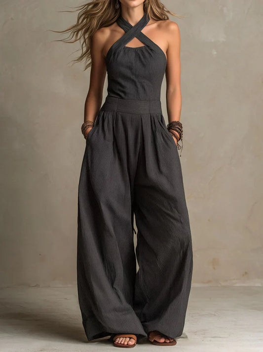 Liza - Cross-Neck Wide-Leg Dungarees