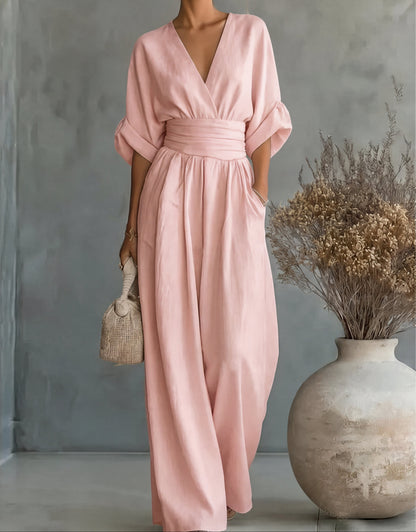 Lunessa - Wide-Leg V-Neck Jumpsuit