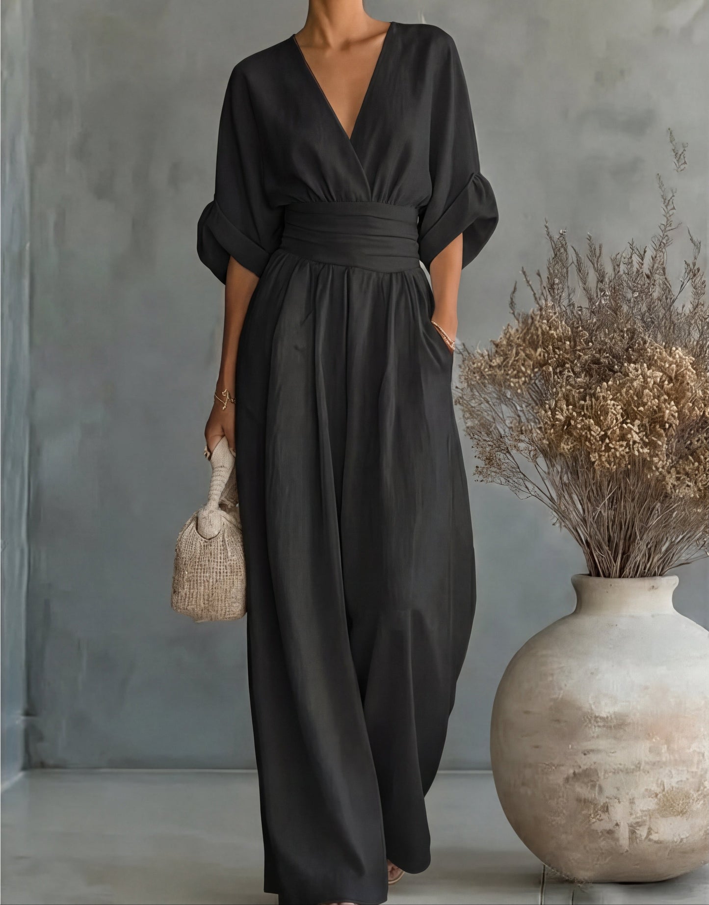 Lunessa - Wide-Leg V-Neck Jumpsuit