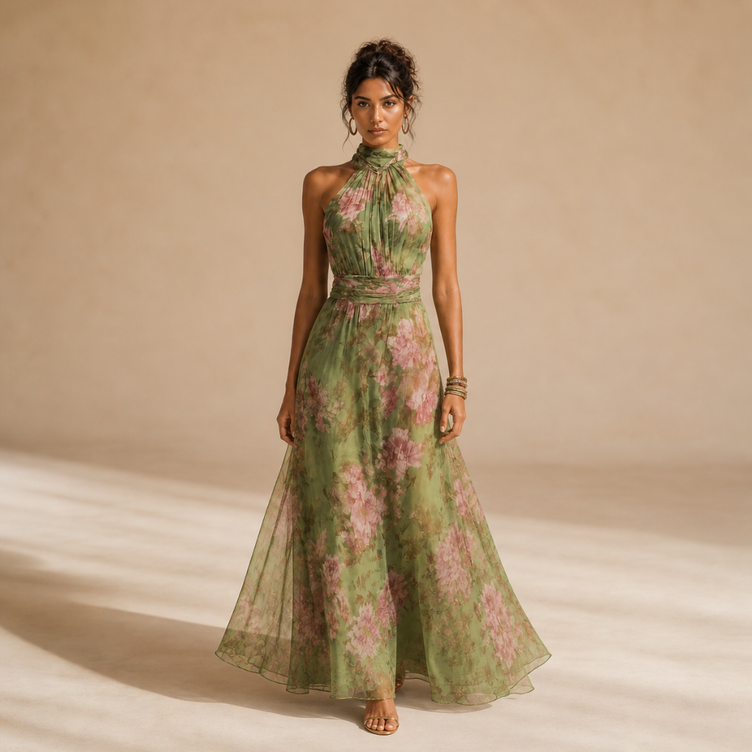 Theia - Green Floral Halter Maxi Dress
