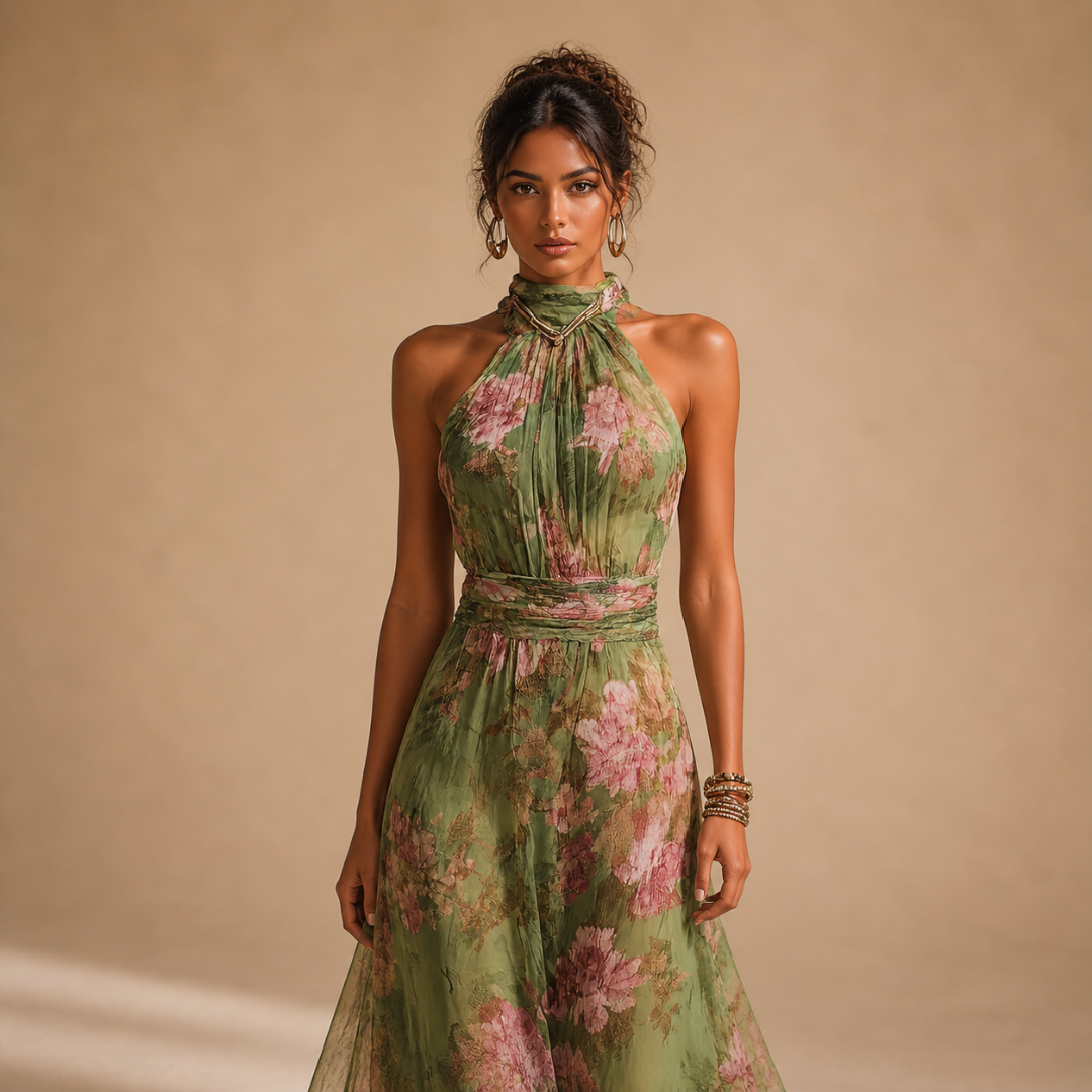 Theia - Green Floral Halter Maxi Dress
