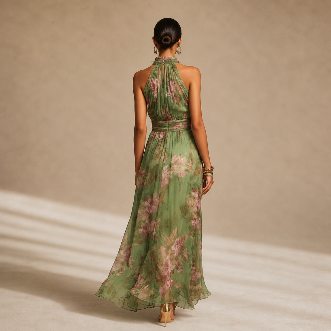 Theia - Green Floral Halter Maxi Dress