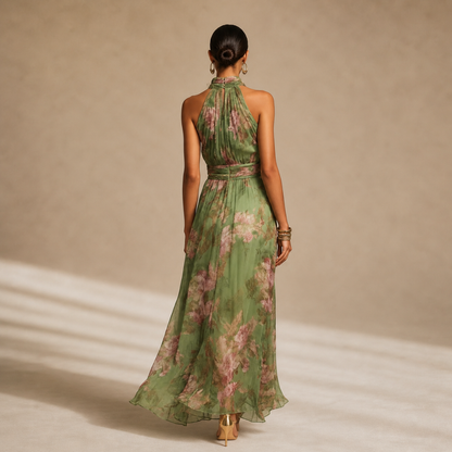 Theia - Green Floral Halter Maxi Dress