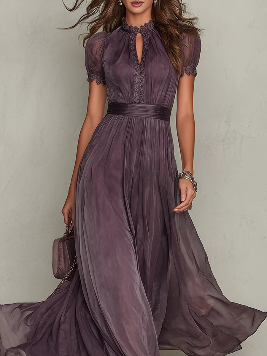 Flavia - Teardrop-Neck Lace Chiffon Maxi Dress