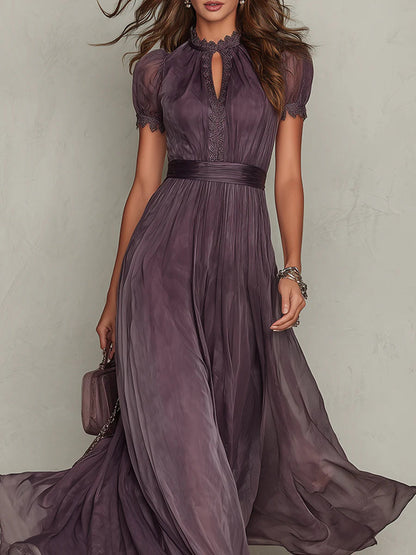 Flavia - Teardrop-Neck Lace Chiffon Maxi Dress