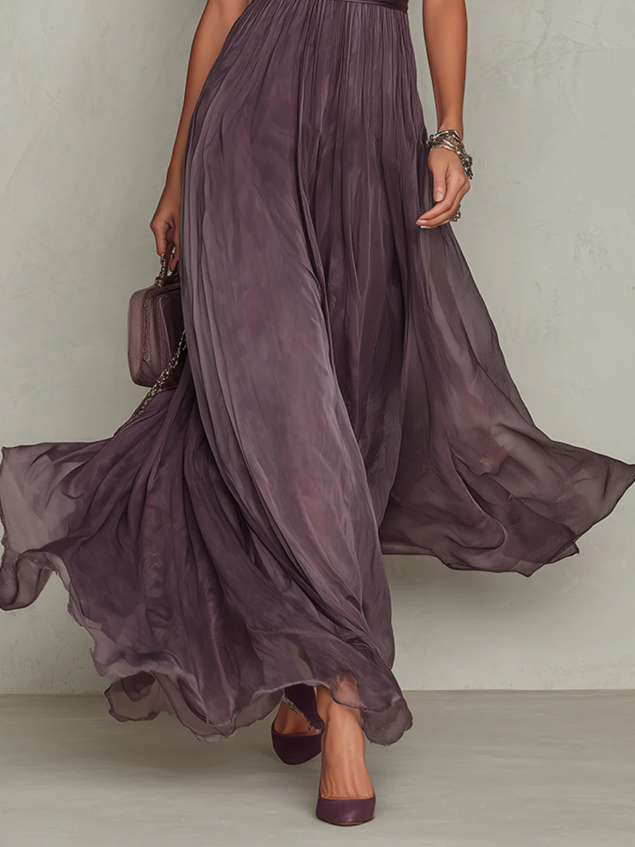 Flavia - Teardrop-Neck Lace Chiffon Maxi Dress