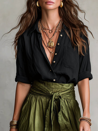 Elowen - Button-Detail Tee and Belted Skirt