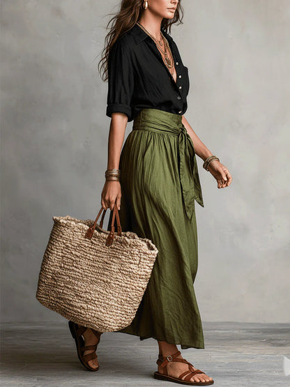 Elowen - Button-Detail Tee and Belted Skirt