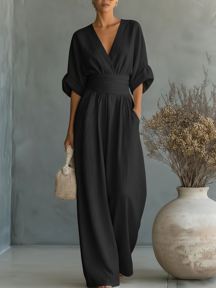 Solenne - V-Neck Linen Jumpsuit