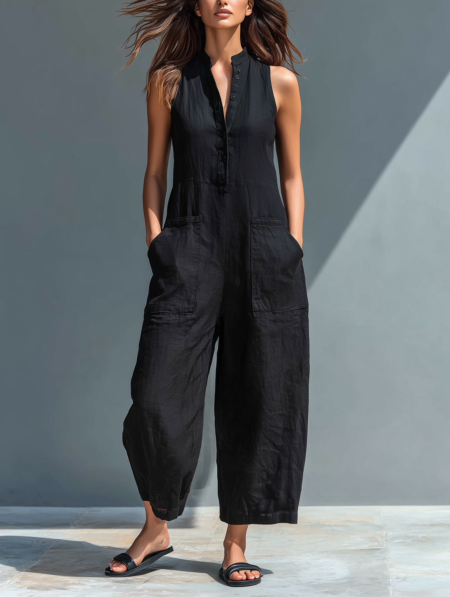 Cassandra - Sleeveless Linen-Blend Dungarees