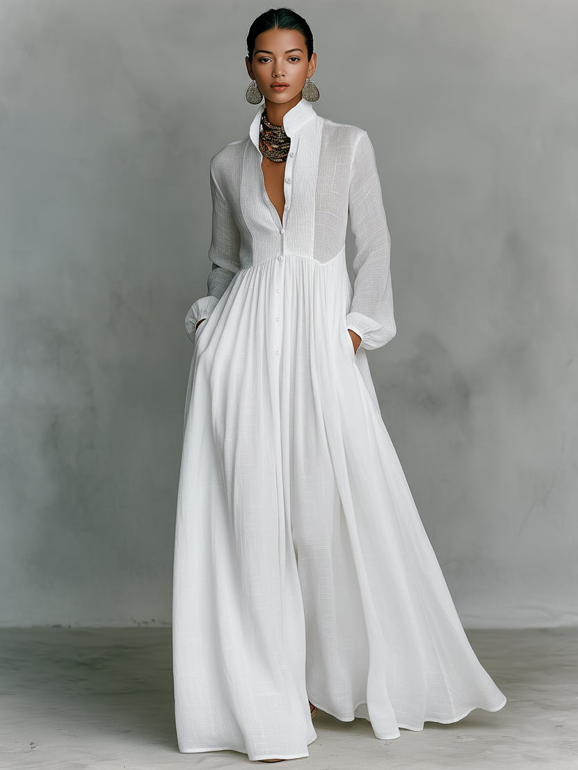Solenne - Stand-Collar Patchwork Maxi Dress