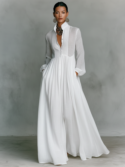 Solenne - Stand-Collar Patchwork Maxi Dress