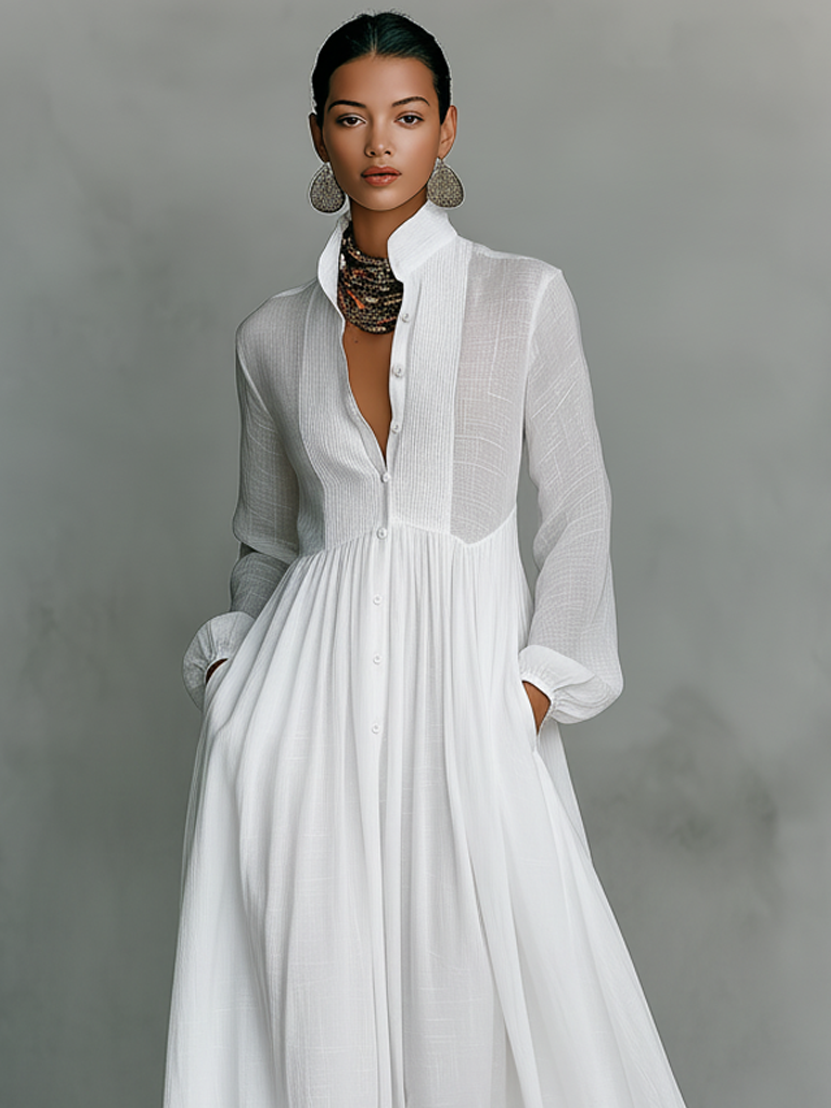 Solenne - Stand-Collar Patchwork Maxi Dress