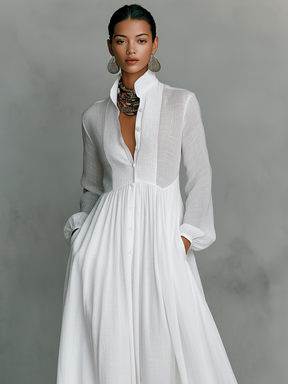 Solenne - Stand-Collar Patchwork Maxi Dress
