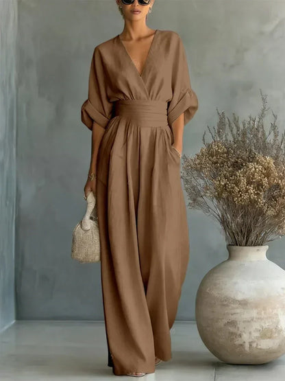 Solenne - V-Neck Linen Jumpsuit