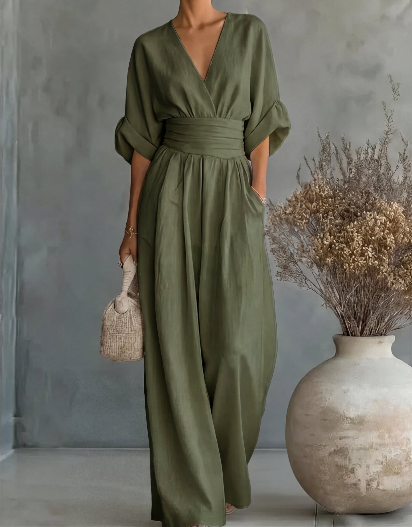 Lunessa - Wide-Leg V-Neck Jumpsuit