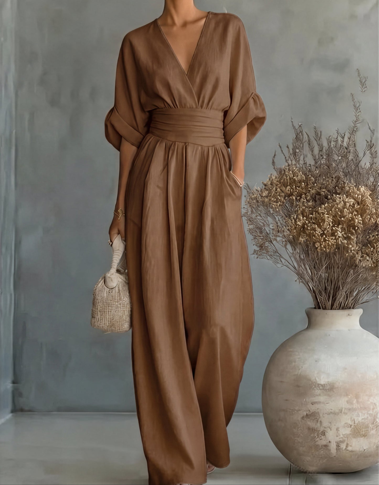 Lunessa - Wide-Leg V-Neck Jumpsuit