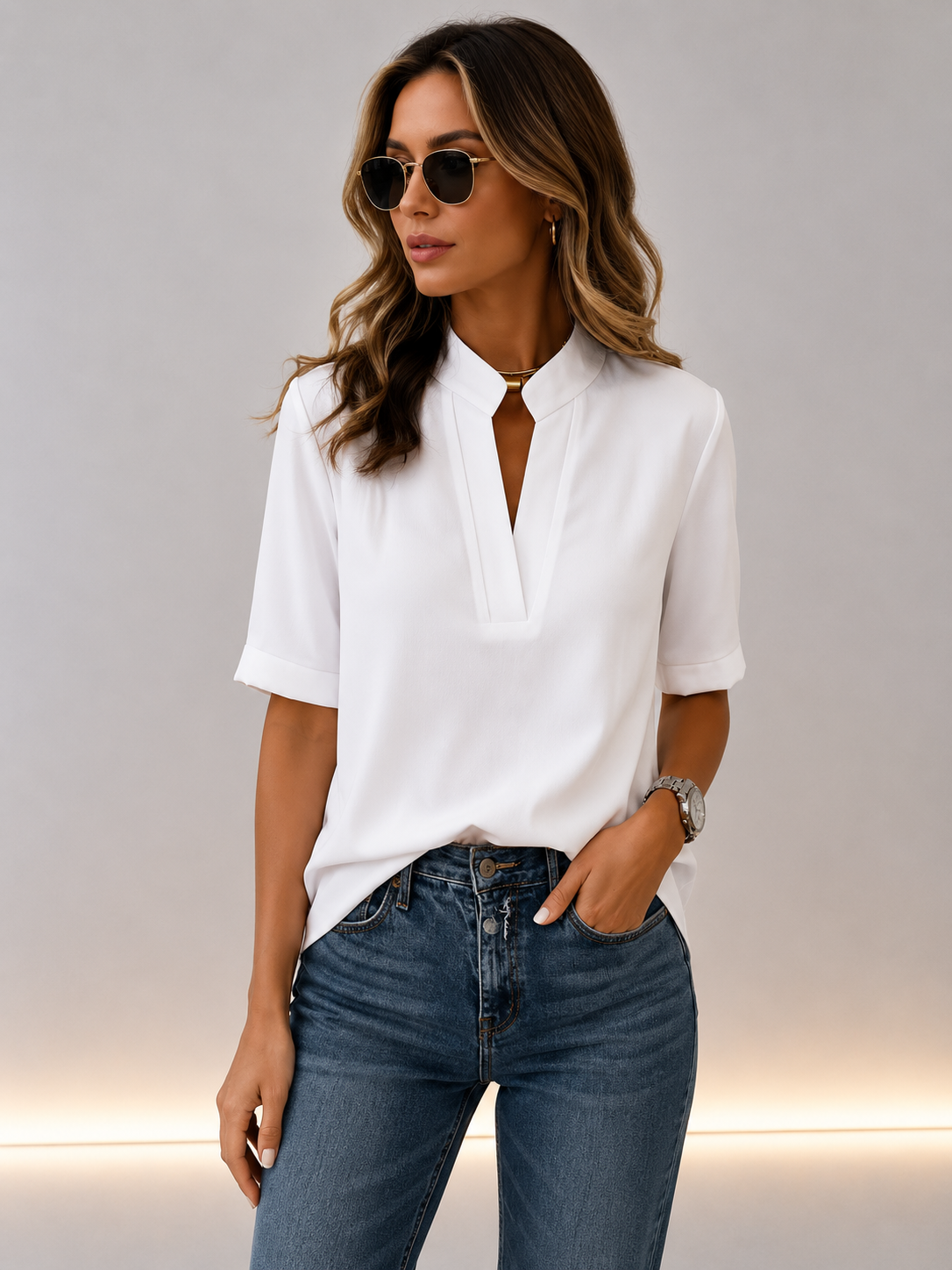Alessia - Mandarin-Collar Short-Sleeve Shirt