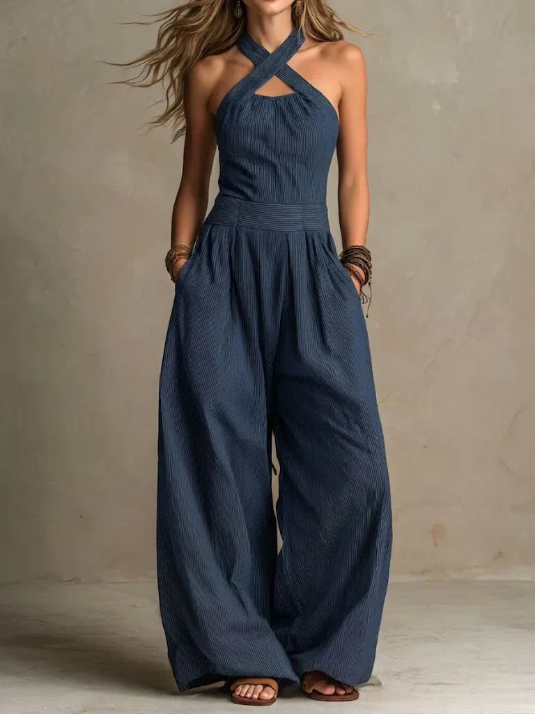 Liza - Cross-Neck Wide-Leg Dungarees