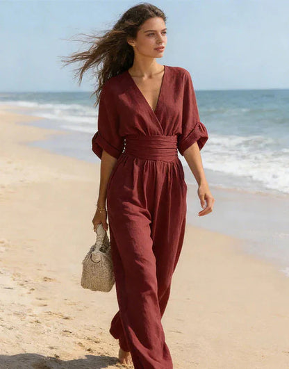 Lunessa - Wide-Leg V-Neck Jumpsuit